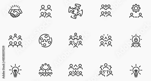 Collection of minimalist line icons representing teamwork ideas and business concepts