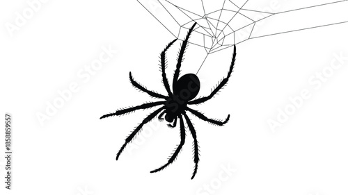 Black spider hanging from intricate web on white background