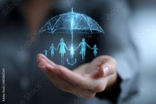 Hand Protecting Family with Digital Umbrella - Life Insurance Security