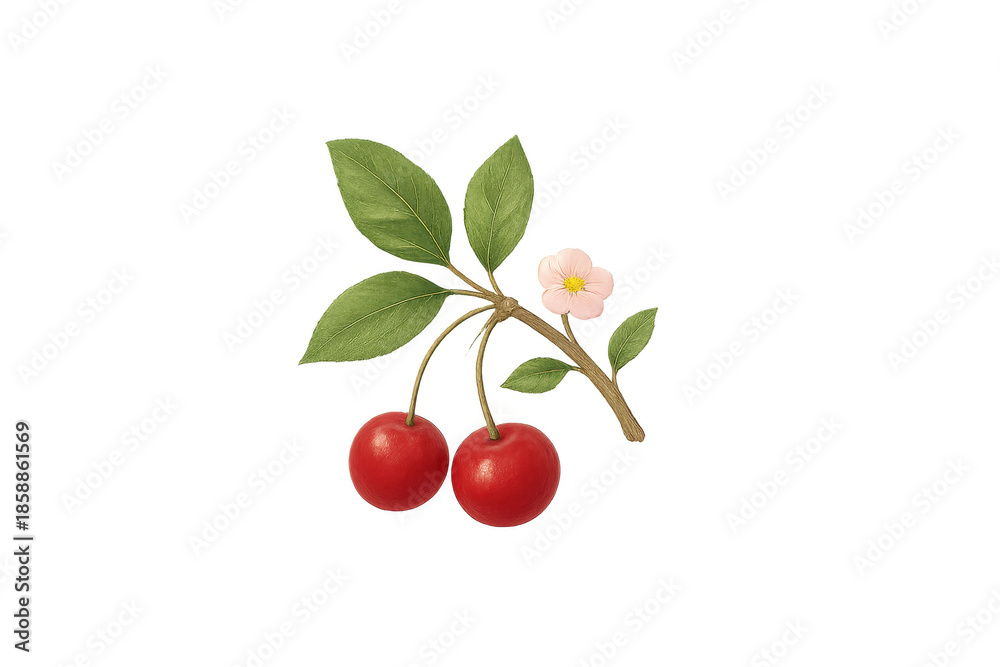 Obraz premium Cherry fruit branch with green leaf and blossom