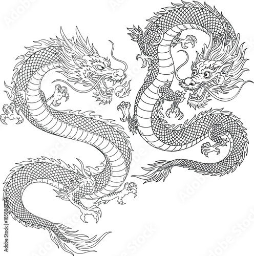 Two Traditional Chinese Dragons Line Drawing