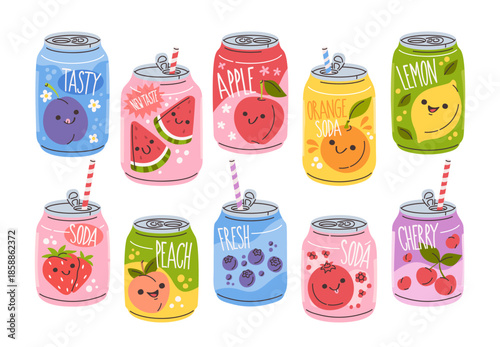 Colorful, carbonated soft soda drinks in common packaging formats isolated set on white background