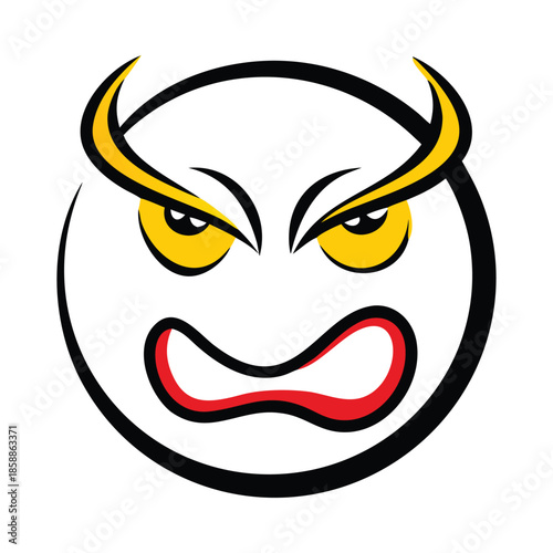 Angry face emoji with yellow eyes and red mouth expression isolated on white background