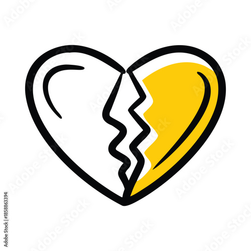 Broken heart symbol with one half colored yellow, depicting heartbreak or loss