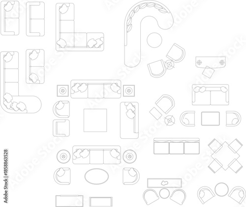 A comprehensive vector set of top-view furniture symbols featuring sectional sofas, armchairs, and lounge seating arrangements for floor plans.