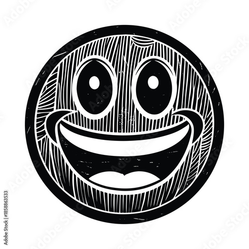 Smiling face with wide open mouth expressing extreme happiness in a textured woodcut style