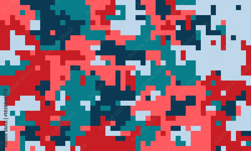 Fototapeta premium Abstract pixelated camo pattern in vibrant red, teal, and navy. Ideal for backgrounds, textiles, or digital design projects.