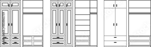 A versatile collection of vector elevations showing classical paneled wardrobes and modern open-closet systems with drawers and hanging rails.