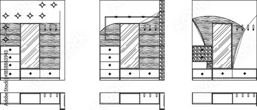 A detailed vector elevation set of a modern bedroom dressing area featuring a vanity mirror, chest of drawers, and decorative wall paneling.
