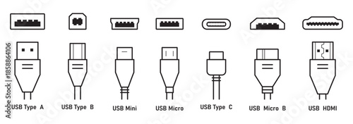 Minimalist USB icon set showing a USB connector and flash drive in black and white silhouettes. No Charging Sign, Prohibited Charging Symbol
