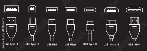 Minimalist USB icon set showing a USB connector and flash drive in black and white silhouettes. No Charging Sign, Prohibited Charging Symbol