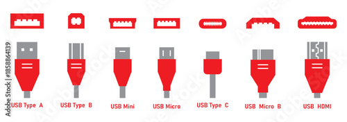 Minimalist USB icon set showing a USB connector and flash drive in black and white silhouettes. No Charging Sign, Prohibited Charging Symbol