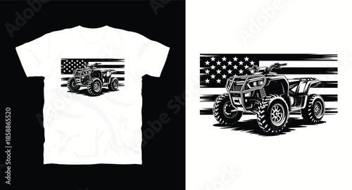 White t shirt mockup with black and white atv riding on american flag