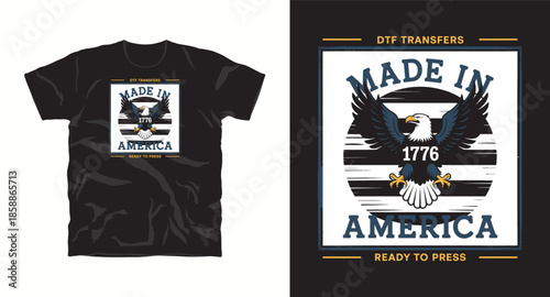 Made in America eagle 1776 patriotic t-shirt design with circular background and bold lettering