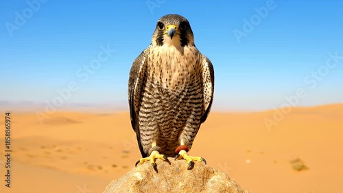 A beautiful peregrine falcon sits on a rock in a desert