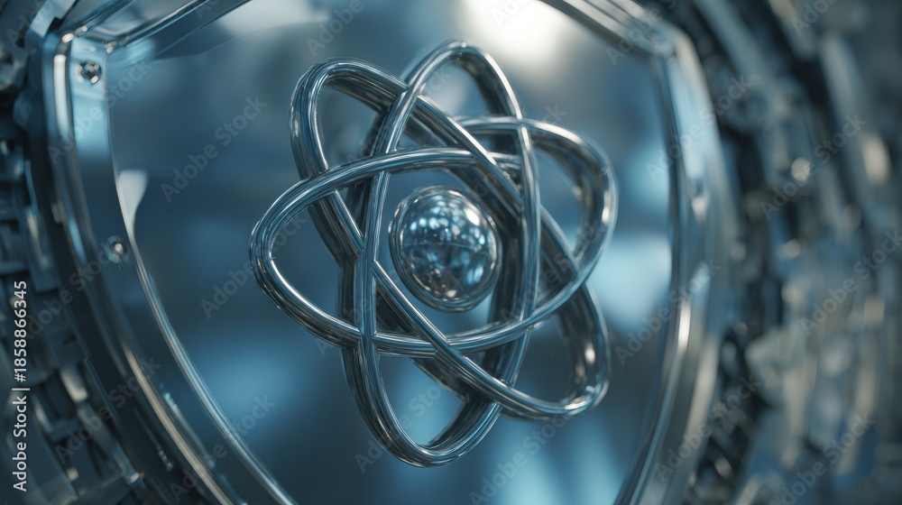 Fototapeta premium Stylized Metallic Atom Emblem Displayed on a Futuristic Background With Intricate Design Elements Highlighting Modern Science and Technology
