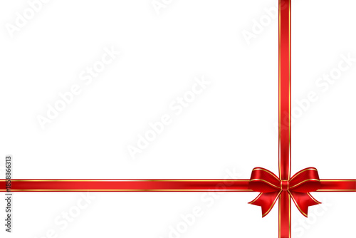 Red satin cross ribbon with gold trim and bow in bottom right corner, decorative vector element for premium gift packaging, promotions and festive sales