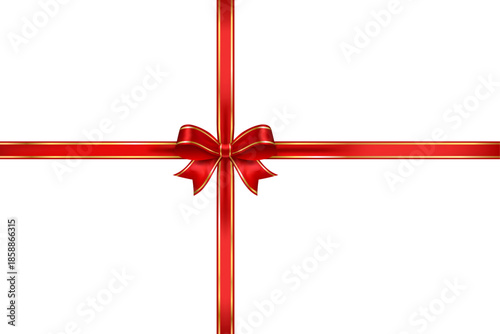 Red satin cross ribbon with gold trim and offset bow, decorative vector accent element for romantic designs, weddings and premium festive layouts