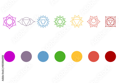 Set of beautiful indian ornamental 7 chakras. Chakra vector symbols signs, mystical esoteric, yoga and meditation. Buddhism, Hinduism