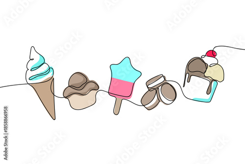 A continuous single-line coloring style. A set of bakery items, ice cream, cookies, and ice cream cones. Line art outline. Vector illustration. Editable stroke.