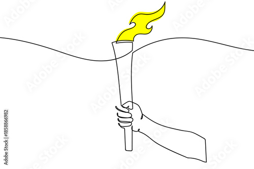A continuous single-line coloring style. A hand holding a torch during a torch relay at a sporting event. Line art outline. Vector illustration. Editable stroke.