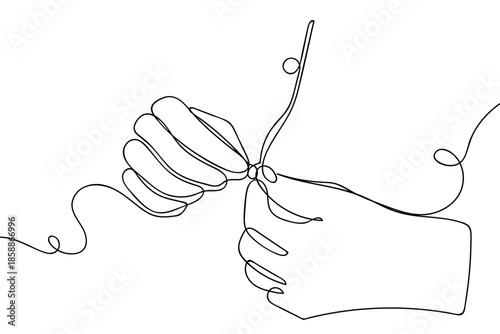 A single, continuous line of hands is seen buttoning a shirt. Line art outline. Vector illustration. Editable stroke.