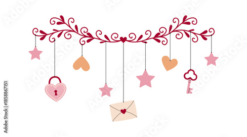 Valentine garland with hanging ornaments, hearts, stars, key, lock and love envelope. Home decor, holiday vector romantic illustration	
