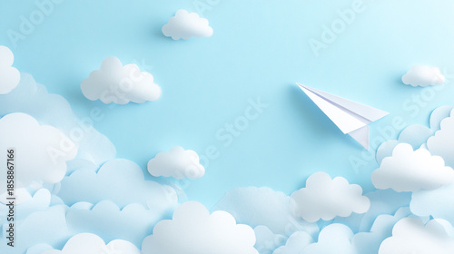 Fototapeta 青い空と雲の背景を飛ぶ白い紙飛行機 