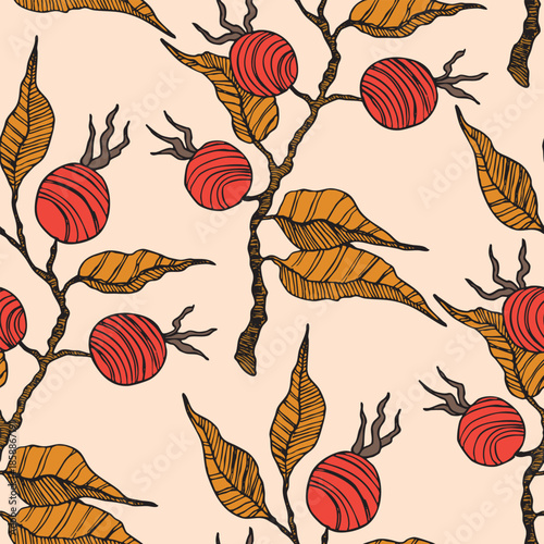 Seamless pattern with Rose hip, cranberry. Natural fresh ripe tasty blueberries. Vector illustration for background, packaging, textile, fabric and various other designs. Food concept.