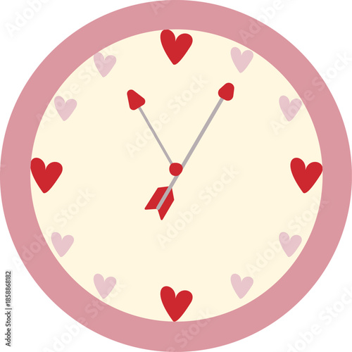 Coquette Valentine's Day clock vector. Cute pink round clock with heart markers and arrow hands. Flat festive illustration representing time for love, romantic dates, and holiday countdowns.