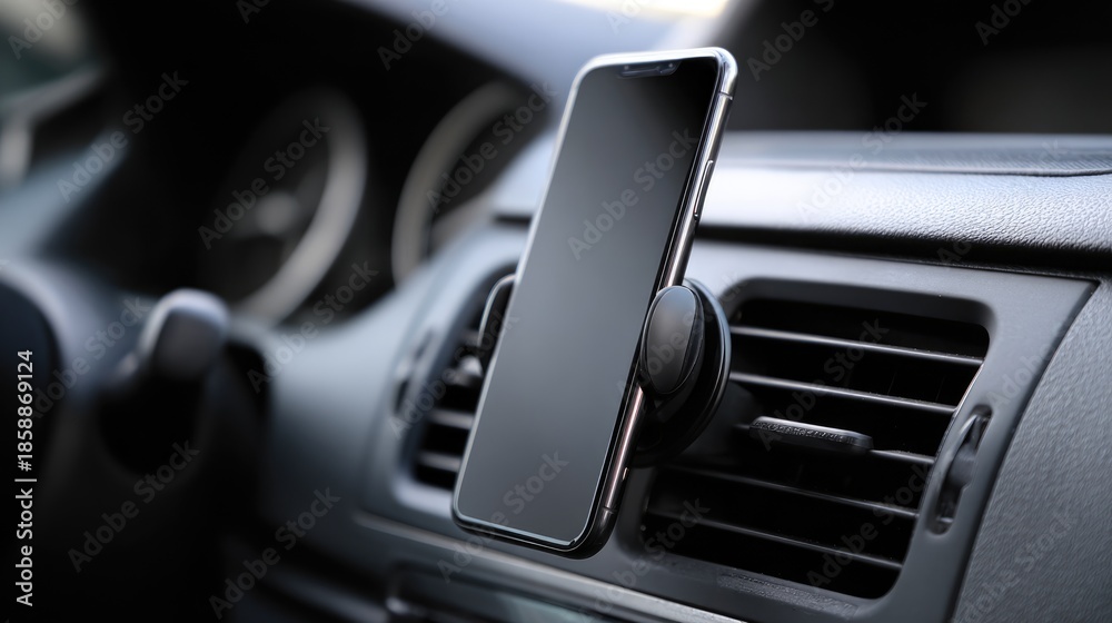 Obraz premium Modern Smartphone Mounted on Car Air Vent, Hands-Free Driving and Navigation Concept