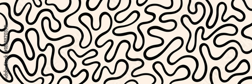 Twisted hand drawn lines, fluid, curved, wiggling stripes, waves abstract 1:3 background. Liquid, funky chaotic maze ornament, groovy hippie pattern banner. Doodle uneven wavy organic line