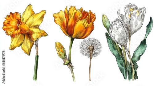 Colorful Spring Flowers Illustration Featuring Daffodils, Tulips, Dandelions and More on White Background for Botanical and Seasonal Design