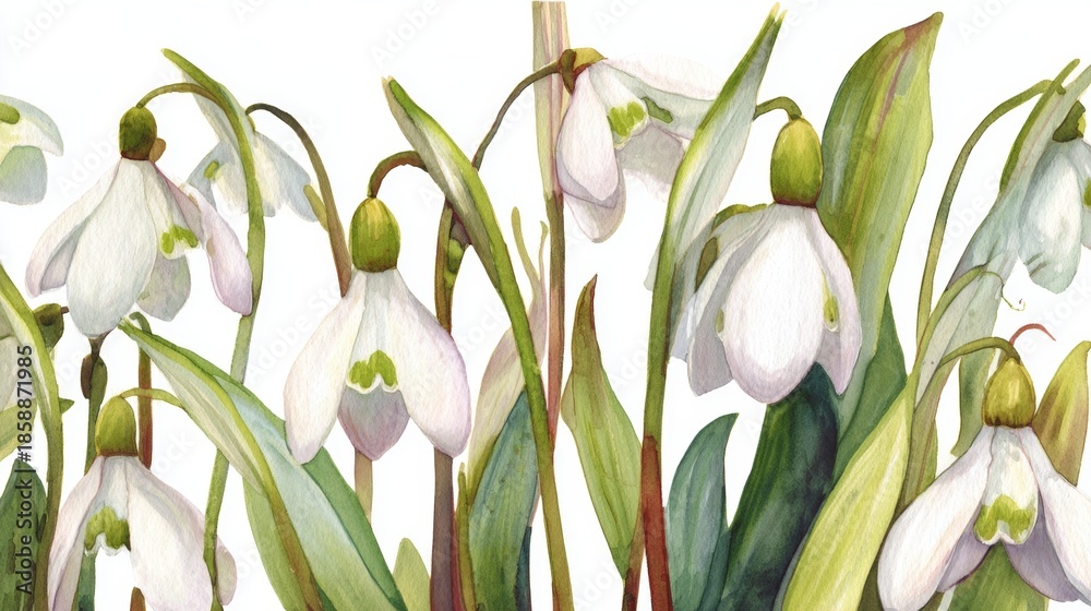 Fototapeta premium Watercolor Botanical Illustration of Snowdrop Flowers with Green Leaves in Naturalistic Style for Seasonal, Decorative, and Commercial Use