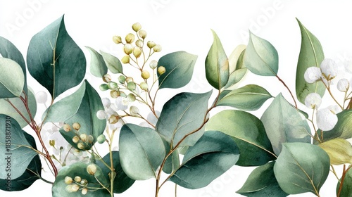 Watercolor Botanical Illustration of Eucalyptus Leaves and Seed Pods in Soft Green Tones Isolated on White Background for Elegant Natural Design