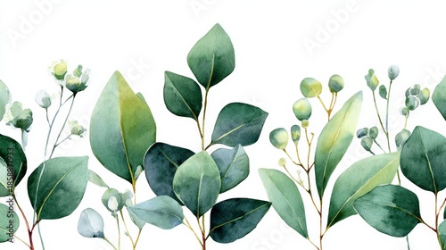 Watercolor Botanical Illustration of Eucalyptus Leaves and Seed Pods in Soft Green Tones Isolated on White Background for Elegant Natural Design