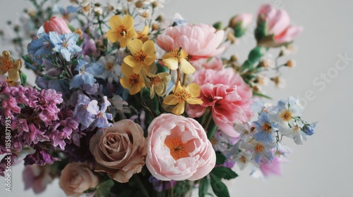 Vibrant bouquet of mixed spring flowers including peonies, lilacs, roses, and wildflowers in soft pastel tones, close-up floral composition