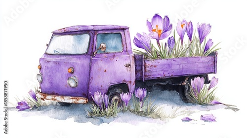 Watercolor vintage purple pickup truck with rust and blooming crocus flowers in truck bed and ground, symbolizing spring renewal and rustic charm