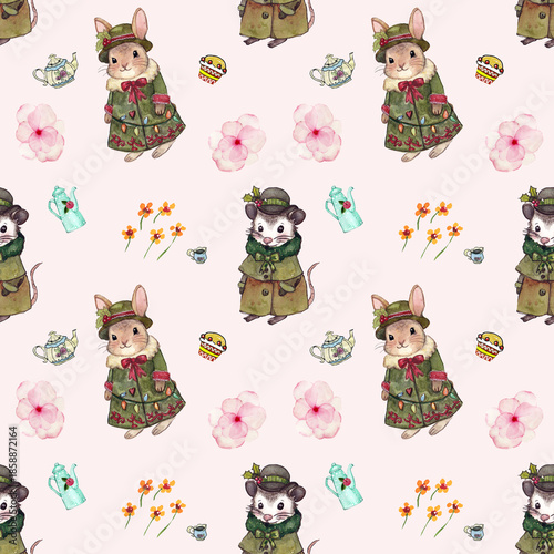 Pattern con graziosi topolini, coniglietti con vestiti d'epoca  e teiere su sfondo rosa