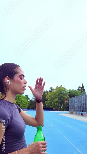 Focused young woman in sportswear standing on a blue running track, holding a water bottle