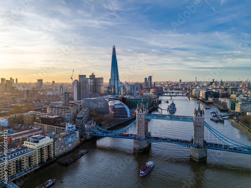 Tower Bridge. Aerial drone photo. Close-up of London Tower Bridge panorama at sunset