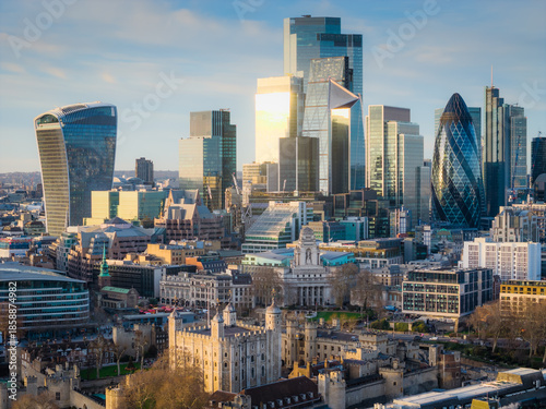 London city. Aerial drone view City of London skyline with modern skyscrapers and historic financial district with sky terrace, the Gherkin and others