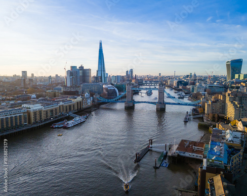 London city skyline panorama. Aerial drone view of panoramic background of London. Iconic skyline with skyscrapers, river Thames, historic landmarks