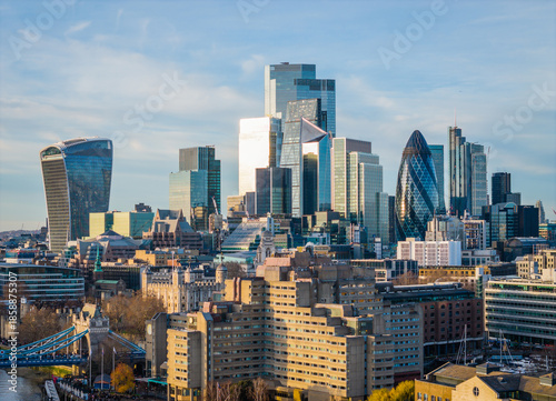 London city. Aerial drone view City of London skyline with modern skyscrapers and historic financial district with sky terrace, the Gherkin and others