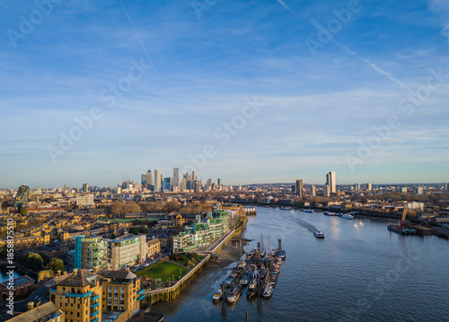 London city skyline panorama. Aerial drone view of panoramic background of London. Iconic skyline with skyscrapers, river Thames, historic landmarks