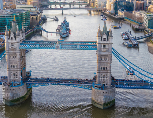 Tower Bridge. Aerial drone photo. Close-up of London Tower Bridge panorama at sunset