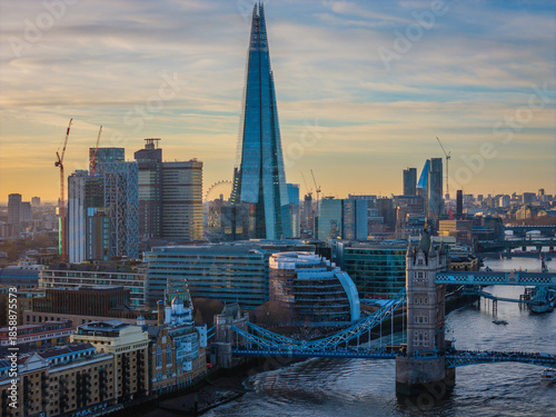 London city skyline panorama. Aerial drone view of panoramic background of London. Iconic skyline with skyscrapers, river Thames, historic landmarks