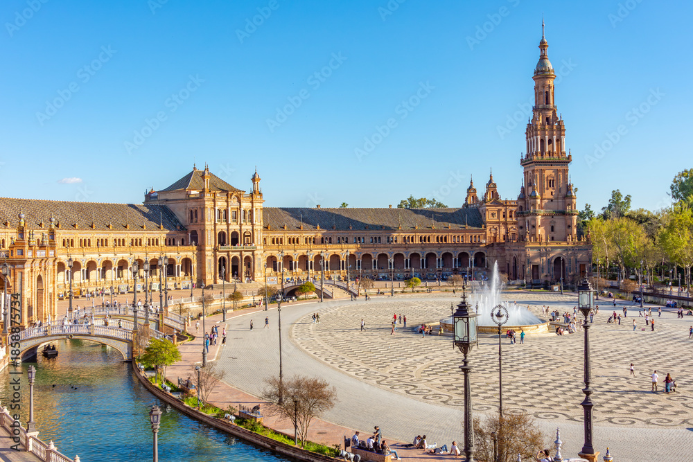 Fototapeta premium Panorama of Spain square in Maria Luisa park, Seville, Spain