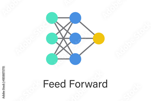 Feed-forward neural network concept with layered nodes and data flow from input to output, representing supervised learning, prediction and classification in artificial intelligence systems.