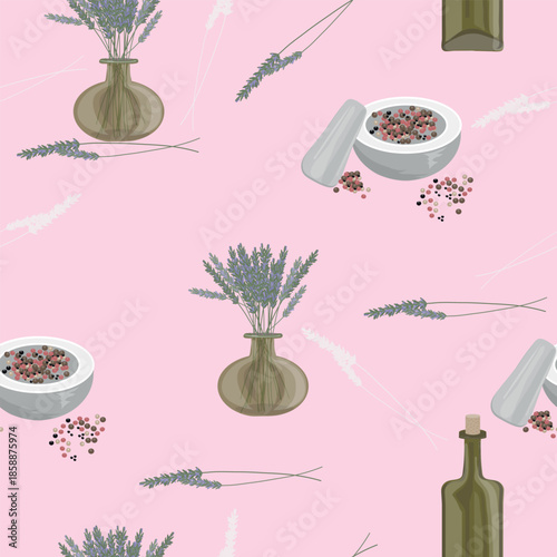 Seamless pattern featuring lavender flowers, a glass bottle, a vase, a mortar and pestle, and colorful peppercorns for packaging, textiles, cosmetics branding, home decor, and wellness designs.